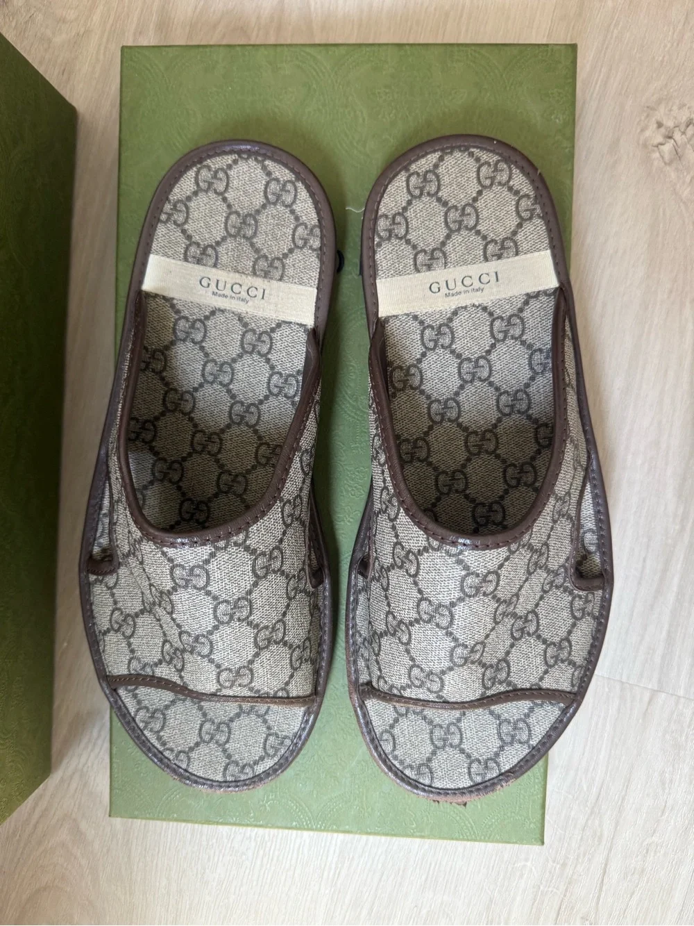Gucci Beige GG Monogram Slip-On Slides Sandals with Brown Trim